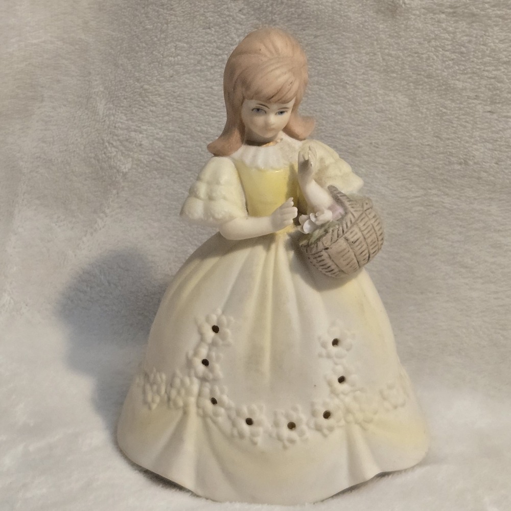 Vintage Bisque Porcelain Girl Potpourri Sachet Holder Basket of Flowers Figurine